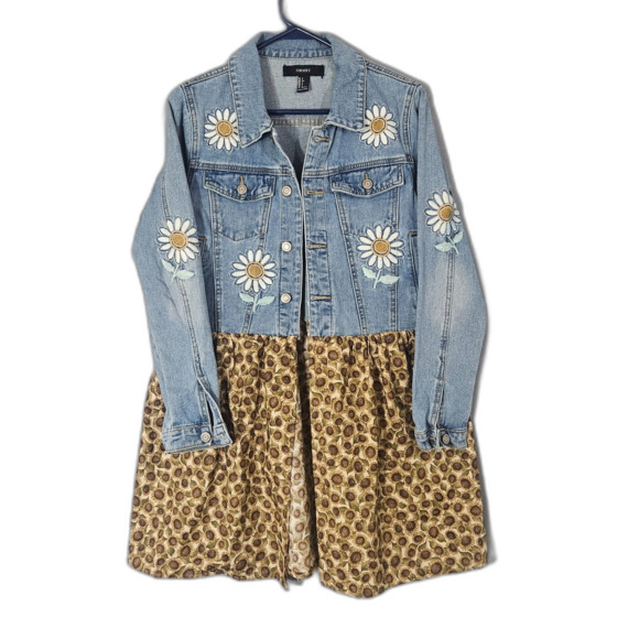 Upcycled Embroidered Denim Jacket with Sunflowers Size Small Cottage - Picture 1 of 7